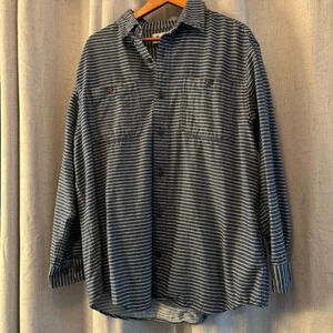 Duluth Size L Free Swinging Abyss Blue Stripe Flannel Relaxed Fit Shirt.